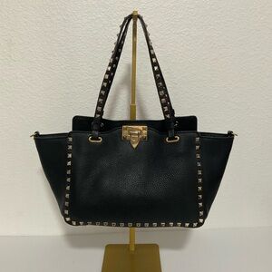 VALENTINO GARAVANI Women Gold  Studded 2-Way Shoulder Hand bag Black Leather